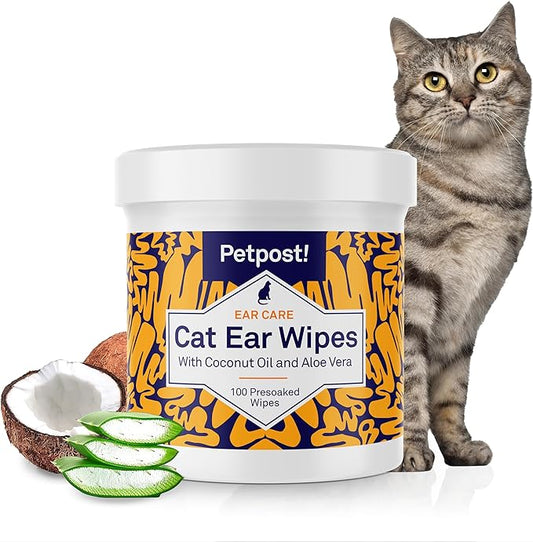 Petpost | Cat Ear Cleaner Wipes - Ultra Soft Cotton Pads in Coconut Oil Solution - Treatment for Removing Cat Ear Dirt & Wax 100 ct.