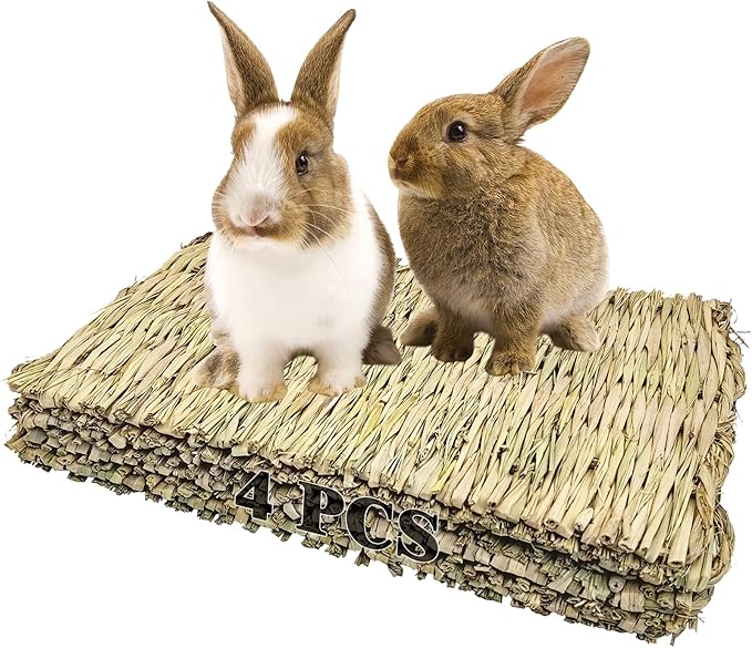kathson 4 PCS Large Grass Mat for Rabbit, Natural Bunny Woven Hay Mat Straw Small Animal Bedding Nest for Guinea Pigs Hamster Chinchillas Puppy Biddy Sleeping Chewing Scratching