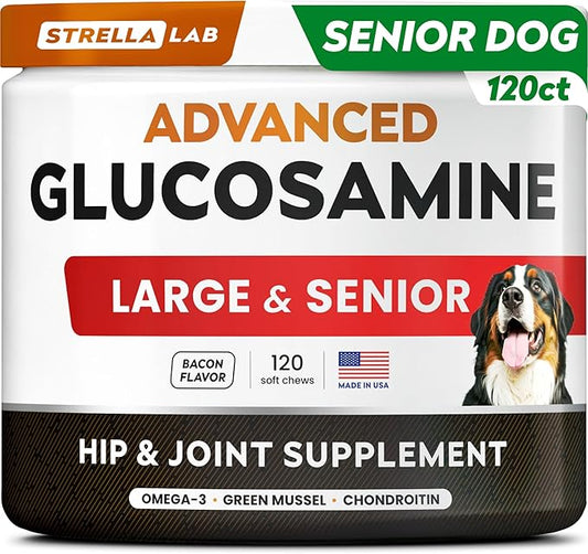 STRELLALAB Senior Advanced Glucosamine Joint Supplement for Dogs - Green Lipped Mussel & Collagen - Large Breeds - Hip & Joint Health - Bacon Flavor - 120 Chews