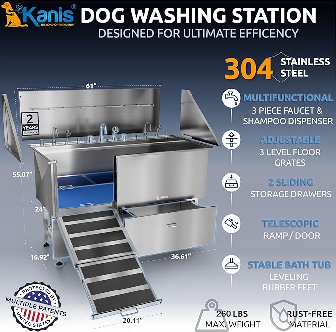 KANIS Professional Dog Washing Station - 304 Stainless Steel Pet Wash Sink & Grooming Bath Tub for Home with Ramp, Shower, Floor Grate, Storage Drawers, and Faucet for Large, Medium & Small Pets