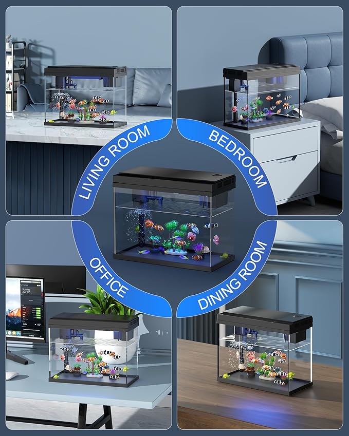 Fish Tank Aquarium Kit, 2.38 Gallon Beta Fish Aquariums, UHD Glass,Temperature Sensing, 7-Color Lighting Small Fish Tank for Kids/Desktop Decor