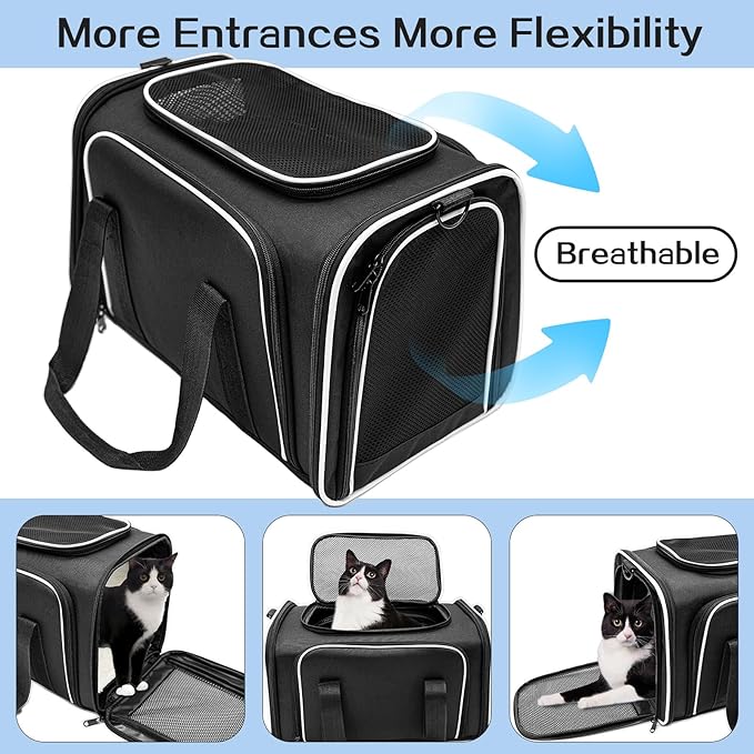 Cat Carrier Airline Approved Pet Carrier, Expandable Foldable Soft-Sided Dog Carrier, 3 Open Doors, 2 Reflective Tapes, Pet Travel Bag Safe and Easy for Cats and Dogs(Black)