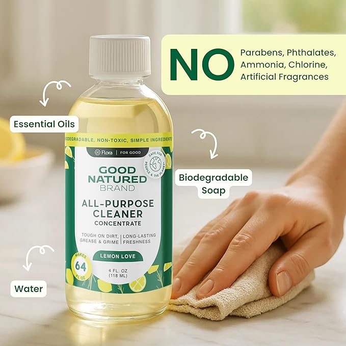 Good Natured Brand All-Purpose Cleaner Concentrate + 16 oz Bottle | Multi-Surface Cleaner | Natural Lemon Essential Oil | Multipurpose Cleaner All Surfaces | Lemon Love | 4oz makes 64oz