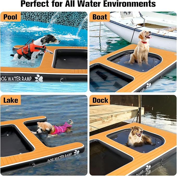 Inflatable Dog Water Platform and Dog Water Ramp 2 in 1, Upgrated Pet Floating Ladder with Non-Slip EVA Foam for Large Dogs Up to 180LBS, Suit for Pool, Lake, Dock and Boat(Large, Brown)