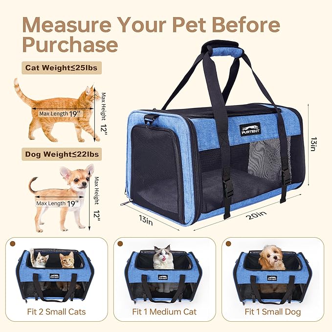 Large Cat/Dog Carrier up to 25 Pounds, Portable Soft Sided Pet Travel Carriers for Medium Big Cats and Puppy, Collapsible Puppy Crate Outdoor 20x13x13in, Dark Blue