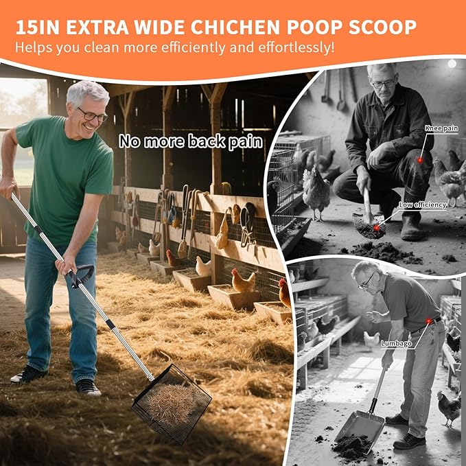 Large Chicken Poop Scooper, Metal Coop Scoop with 32" to 67" Adjustable Long Stainless Steel Handle, Chicken Poop Scooper for Sand with Heavy Duty Sifting Shovel for Chicken/ Horse/ Pet Coops (15 IN)