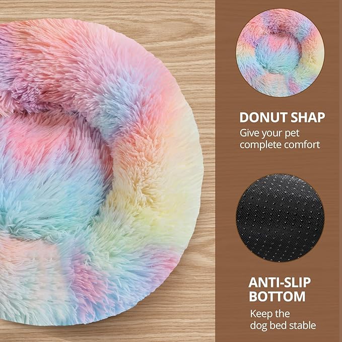 JOLLYVOGUE Medium Calming Dog Bed, Anti-Anxiety Donut Cuddler Cat Bed with Anti-Slip Bottom, Fluffy Faux Fur Machine Washable Pet Cushion for Medium Large Dog & Cat, 31"/Rainbow
