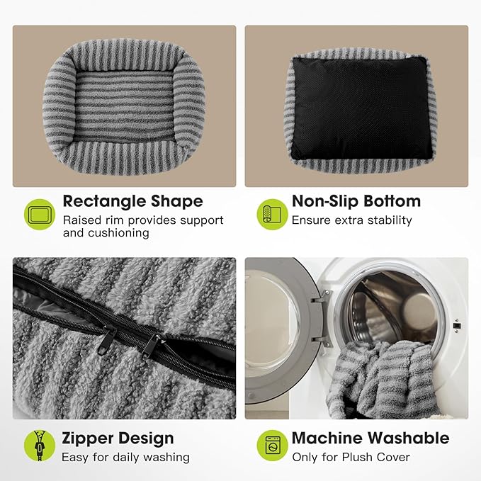 MIXJOY Small Dog Beds Small Sized Dogs, Washable Dog Bed with Removable Cover, Rectangle Non-Slip Bottom Pet Beds for Cat Puppy, Calming Warming Puppy Cuddler, 20"x19"x6", Grey