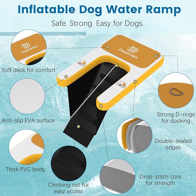 Inflatable Dog Boat Ramp, 47" L x 32" W x 6" H Perfect for Mid-Sized Pets Up to 220 lbs, Boat Water Ladder with Claw-Friendly High Stability Non-Slip EVA Float for Pool, Lake, Dock & Seat