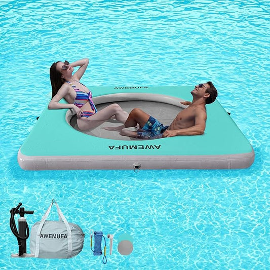 Inflatable Dock Floating Platform with Mesh, Heavy Duty Water Hammock Floats Floating Ring, Tanning Pool Hammock Inflatable Raft Mat Lake Floats for Adults Ocean