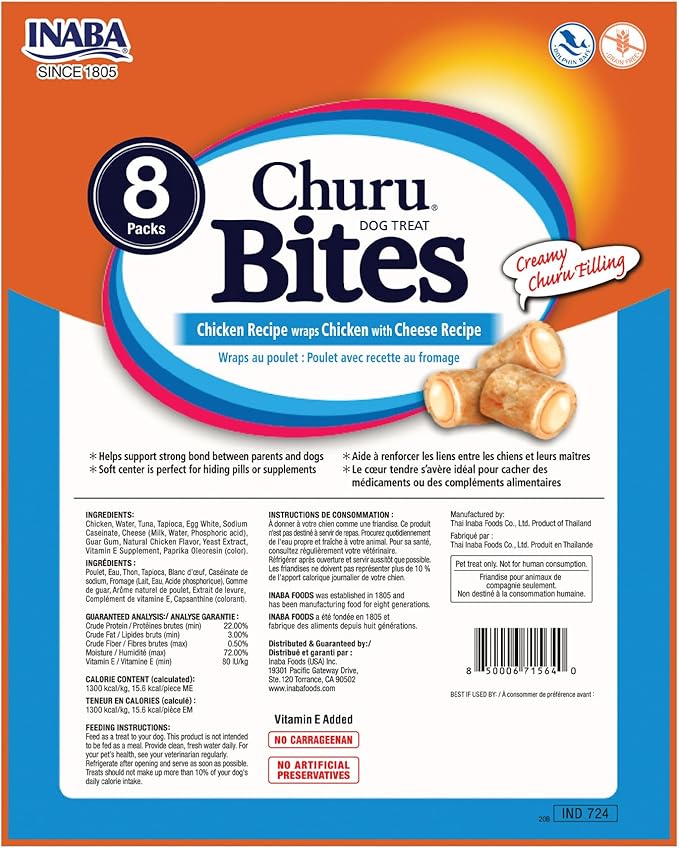 INABA Churu Bites for Dogs, Soft & Chewy Dog Treats, 0.42 Ounces Each Tube, 64 Tubes Total (8 Tubes per Pack), Chicken with Cheese Recipe