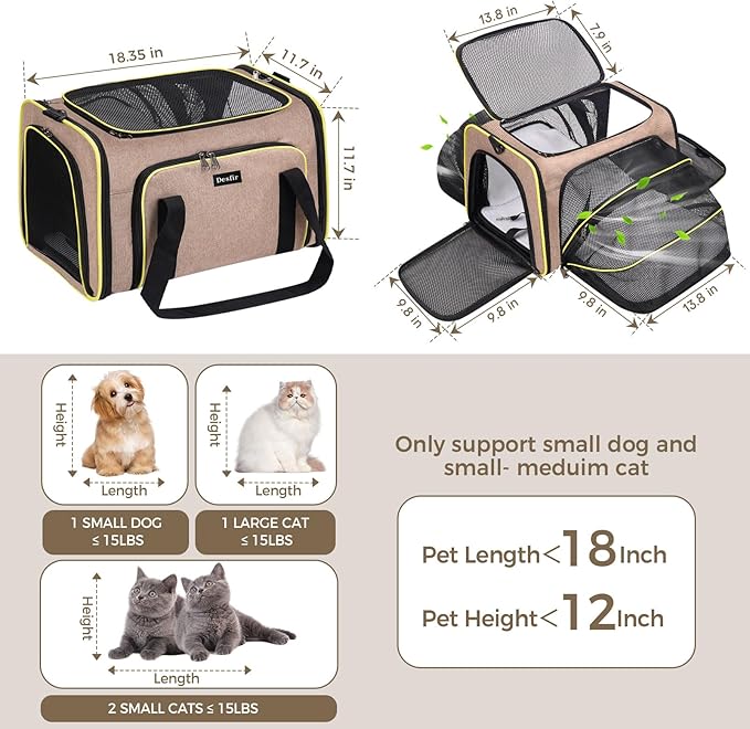 Cat Dog Carrier Bag - Expandable Soft-Sided Travel Pet Carrier with Ventilated Mesh, Fleece Pad, 18x11x11 Inch for Kitten, Rabbit, Puppy,Guinea Pig, Small Animal, Airline Approved