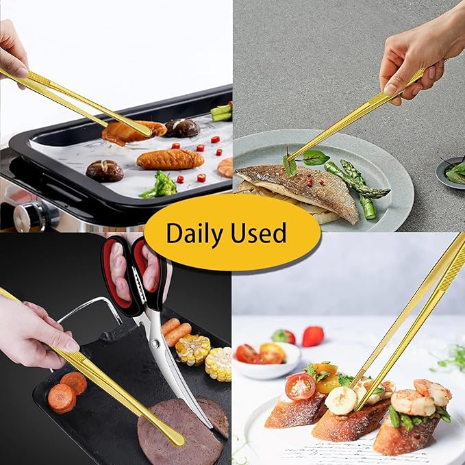 JETKONG 2 Pcs 12-Inch Cooking Tweezers Stainless Steel Food Tweezers Kitchen Tweezer Tongs (Gold)