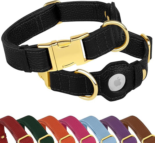 Leather Airtag Dog Collar - Soft Tracking Dog Collar with Apple AirTag Holder and Metal Buckle - Safety GPS Pet Collars for Small Medium Large Dogs Puppy Pink Red (Black, XL, 20"-25" Neck Fit)