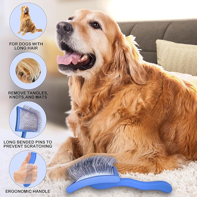 Dog Slicker Brush for Golden Doodle Grooming Kit - Dematting Brushes for Goldendoodles, Labradoodles, Poodles - Pet Hair Brush for Medium & Long Haired Dogs - Large (Blue)