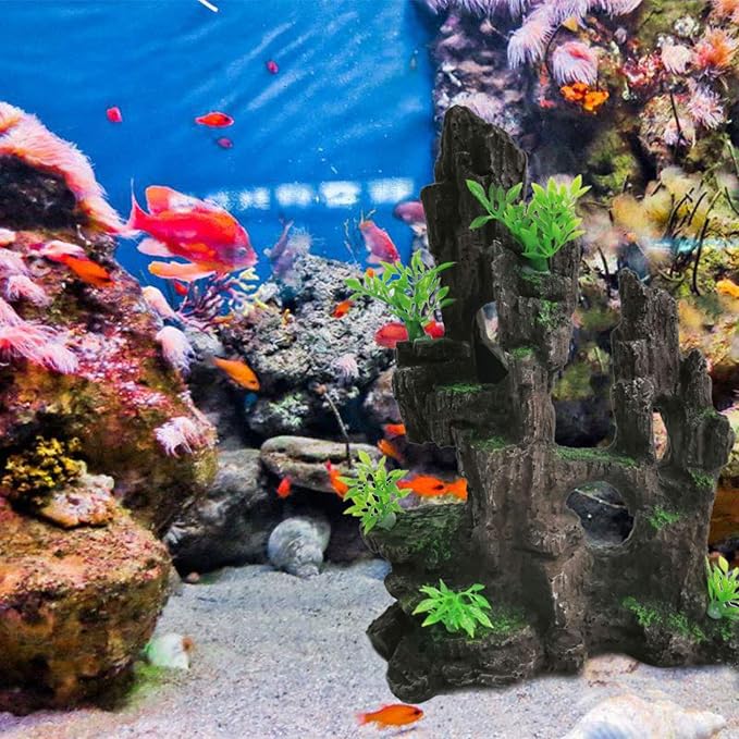 kathson Aquarium Mountain View Stone Resin Fish Tank Decoration Betta Hideout Caves Rockery Landscape Tree Rock Hiding Cave Decor for Small Fish Shrimp Play Ornament