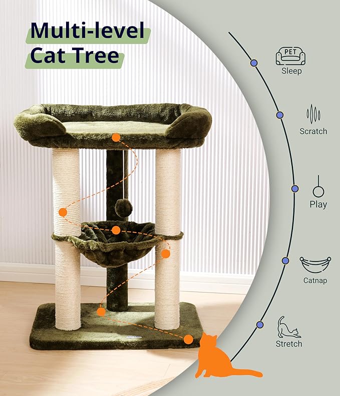 Happi N Pets 28" Large Cat Tree Tower for Indoor Cats, Cat Scratch Post with Large Bed for Maine Coon Big Cats, Sisal Cat Scratcher with Soft Perch & Hammock, Stable Cat Stand, Removable Cover-Green