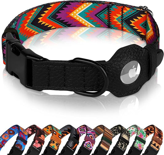 AirTag Dog Collar with Metal Buckle - Soft Leather Printed Nylon Dog Collar with Apple AirTag Holder - Cute Tracking GPS Pet Collars for Girl Boy Small Large Dogs (M, 14"-18" Neck Fit, Arrows)