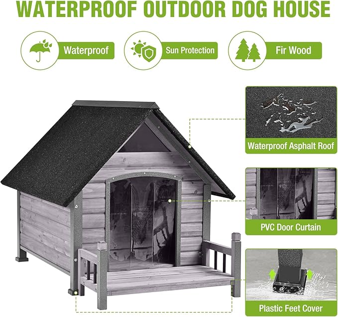 GUTINNEEN Dog House Outdoor with Anti-Bite Metal Frame, Dog Kennel with Porch and Weatherproof Roof for Small, Medium, Large Breeds, Puppy Home Indoor (Grey, 45’’ Medium)