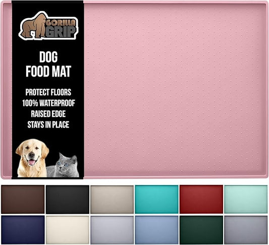 GORILLA GRIP 100% Waterproof Raised Edge BPA Free Silicone Pet Feeding Mat, Dog Cat Food Mats Contain Spills Protects Floors, Placemats for Cats and Dogs Water Bowl, Pets Accessories 32x24 Pink