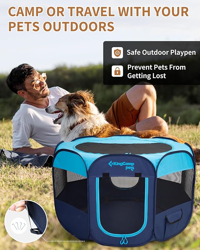 KingCamp Dog Playpen, Portable Foldable Cat Kitten Puppy Tent Crates 29"/36"/50" Pop Up Pet Playpen with Zippered Bottom & Cover for Indoor Outdoor Use (Small, Blue)