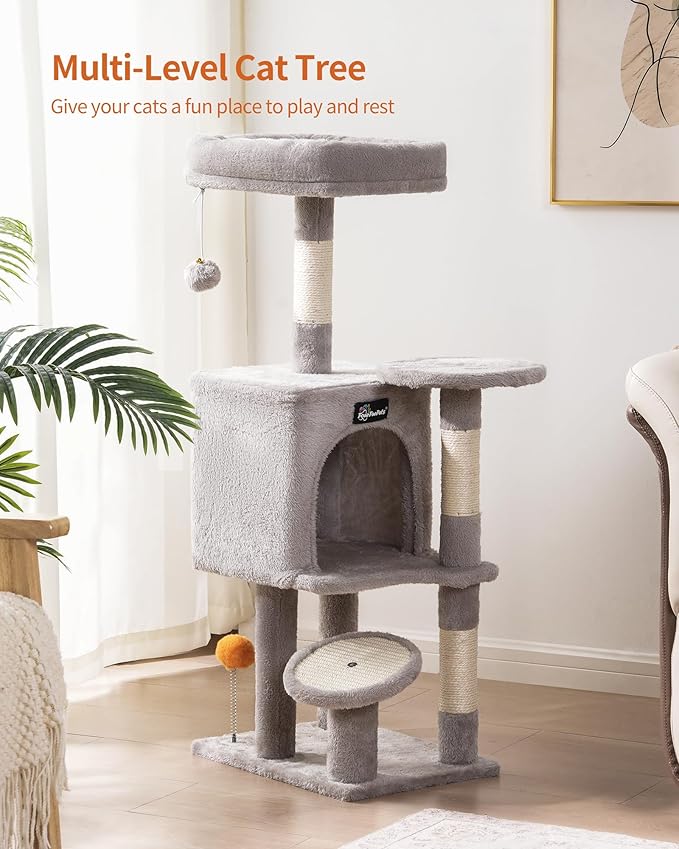 FourFurPets Small Cat Tree, Multi-Level Cat Tree for Indoor Cats, Cat Tower with Scratching Post, Cat Condo for Kittens, 39.4 inch, Light Gray
