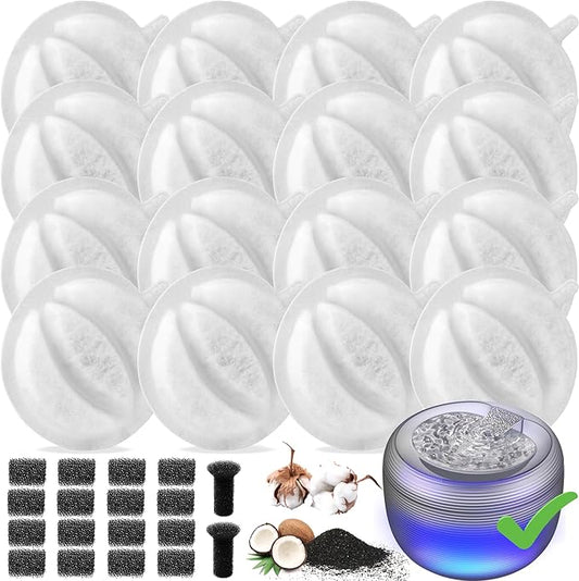 SIBAYS Cat Water Fountain Filters, Pet Water Fountain Filter Replacement for 3.5L/118oz Pet Fountain, Food Grade Activated Carbon and PP Cotton, 16pcs Filters+ 16pcs Pump Sponges+ 2pcs Muffler Sponges