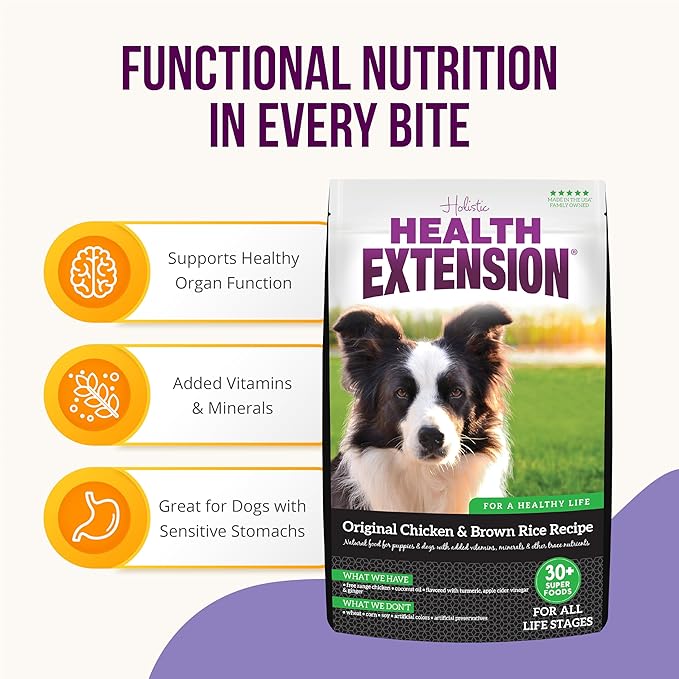 Health Extension Original Chicken & Brown Rice Dry Dog Food (15 lb / 6.8 kg) - Protein-Packed Formula with Probiotics, Omega 3 for Holistic Health in Dogs of All Life Stages