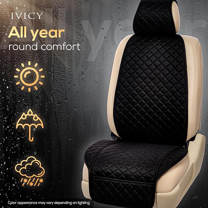 IVICY Faux Linen Car Seat Cover for Cars - Durable & Non-Slip - Front Car Seat Protector Covers for Most Automotive, Vans, SUVs, Trucks - 1 Unit - Black