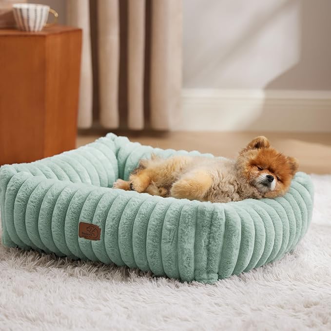 Bedsure Washable Dog Bed for Medium Dogs - Cute Furry Puppy Beds, Rectangle Orthopedic Corduroy Fleece Pet Beds with Removable Zipper Cover, 25x21x7inches, Green