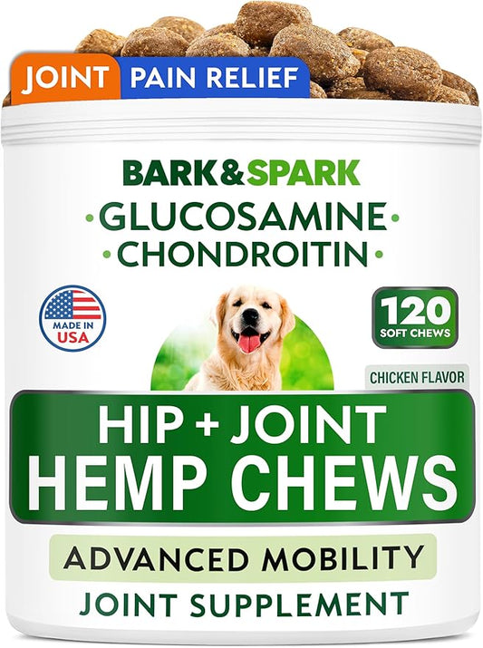 Hemp Chews for Dog - Joint Supplement for Dogs with Glucosamine, Chondroitin & Hemp - Hip & Joint Hemp Chews for Large & Small Breeds - Senior Dog Joint Pain Relief Treats - 120 Soft Chews