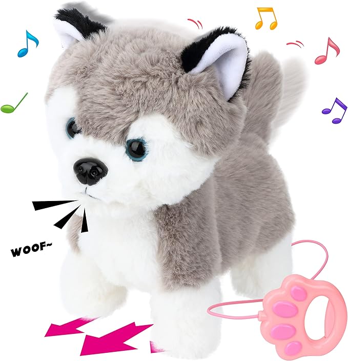 Hopearl Walking Husky Interactive Electronic Pet Musical Dog Toy Remote Control Leash Animated Puppy Singing Barking Wagging Tail Touch Recognition Gifts for Toddlers Birthday, Gray, 9''