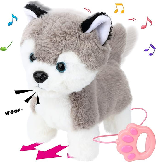 Hopearl Walking Husky Interactive Electronic Pet Musical Dog Toy Remote Control Leash Animated Puppy Singing Barking Wagging Tail Touch Recognition Gifts for Toddlers Birthday, Gray, 9''