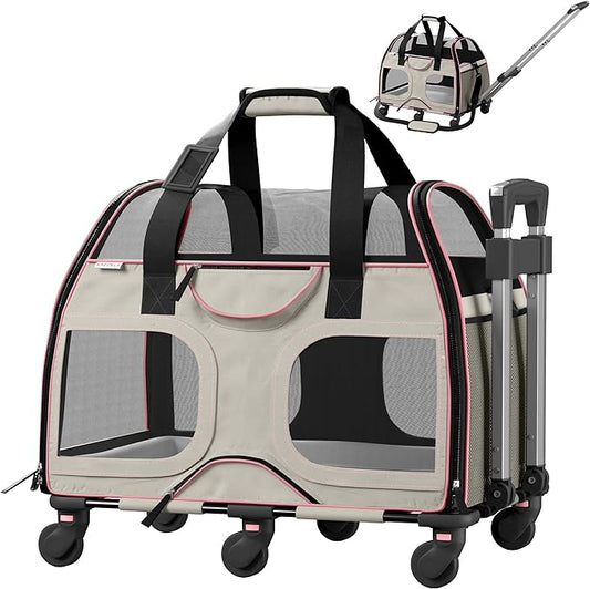Katziela Pet Carrier - Airline Compliant Dog Carrier - TSA Approved Pet Carrier for Small Dogs and Cats - Soft FAA Travel Airplane Dog Carrier Luggage (Gray/Pink-6 Wheels)