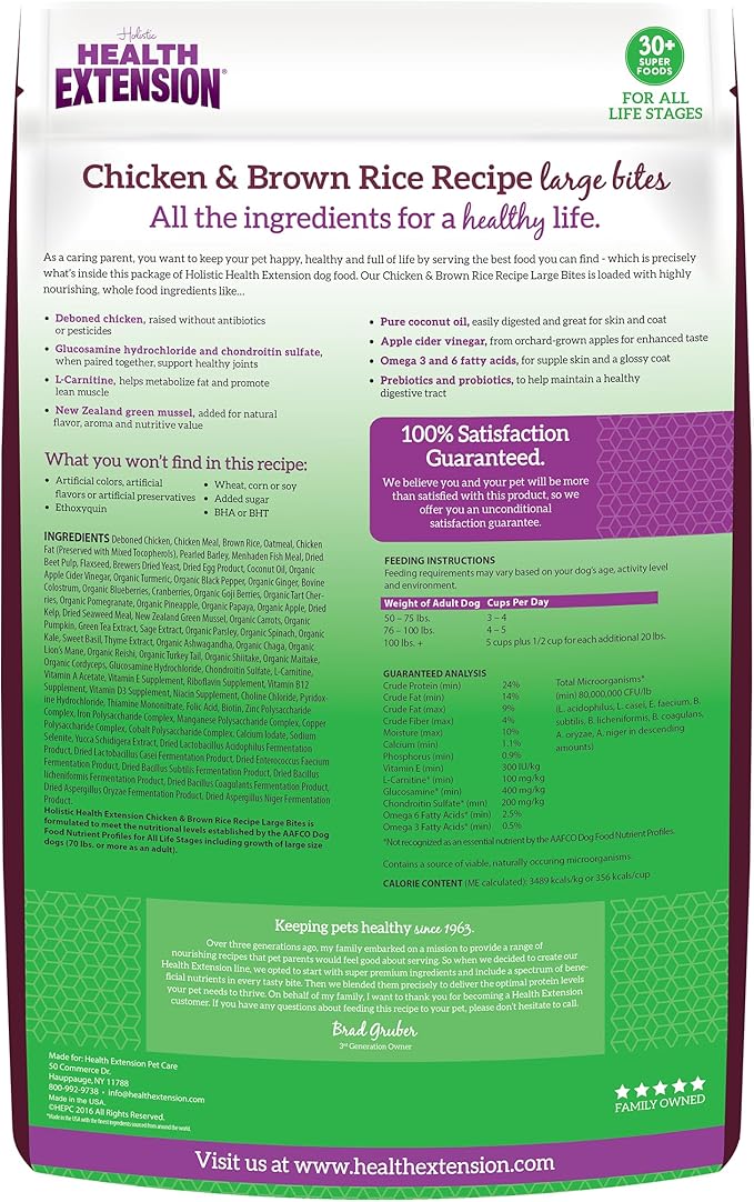 Health Extension Large Bites Chicken & Brown Rice Dry Dog Food (30 lb / 13.61 kg) - Protein-Rich Formula with Probiotics & Essential Nutrients for Larger Breeds