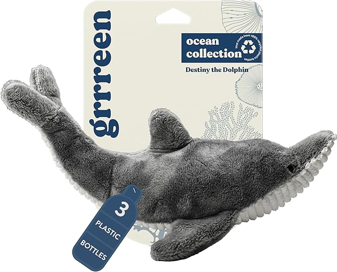 Ocean Collection Dog Toys | Medium Sized Destiny The Dolphin | Cute, Durable, & Sustainable Plush Chew Toys for Dogs 25 to 50 lbs | Eco Friendly & 100% Recycled Materials