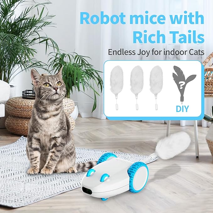 PETGEEK Automatic Cat Mouse Toys Interactive Cat Toys for Indoor Cats, Smart Sensing Moving Electric Cat Toys with Catnip Wand, USB Rechargeable Remote Control Squeaky Mouse Cat Toy, 3 Catnip Tails