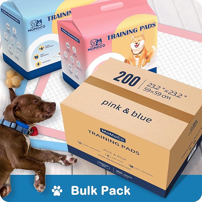 MoMoCo Value Pack Puppy Training Pads 23"x23", 200 Count (Blue100 + Pink100) – Leak-Proof & Super Absorbent Potty Pads for Dogs, Cats & Rabbits