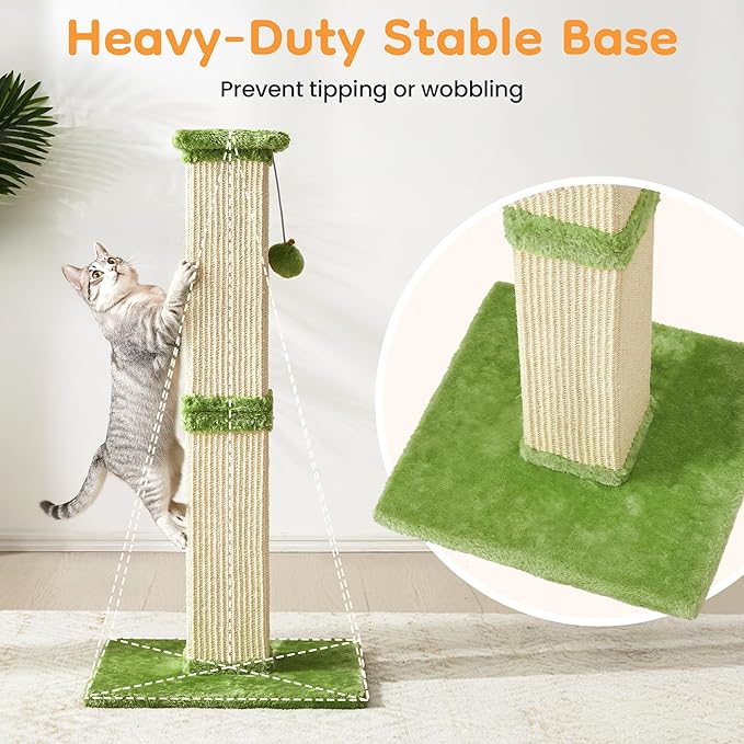 Indoor Cat Scratching Post: 32 in Tall Cat Scratcher with Natural Sisal Rope, Kitty Pet Tower with Sturdy Wood Base and Hanging Ball Toy, Great Gift for Small and Large Kittens, Green