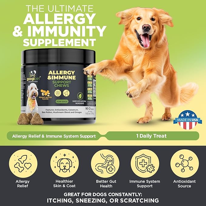 Googipet Dog Allergy Chews, Seasonal Dog Allergy Relief & Itchy Skin Relief, Skin & Coat Supplement +Bee Pollen, Colostrum, Coconut Oil, Probiotics, & Omega 3 Fish Oil for Dogs