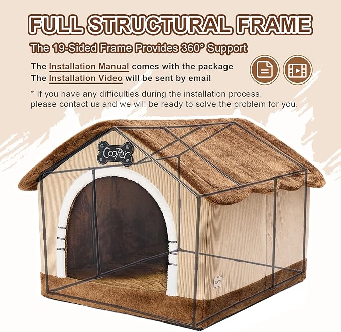 Jiupety Indoor Dog House with Frame, Large Dog Cave Bed, Insulated Cozy, Suitable for 60-100 lb, Jumbo (38"×30"×28"), Brown