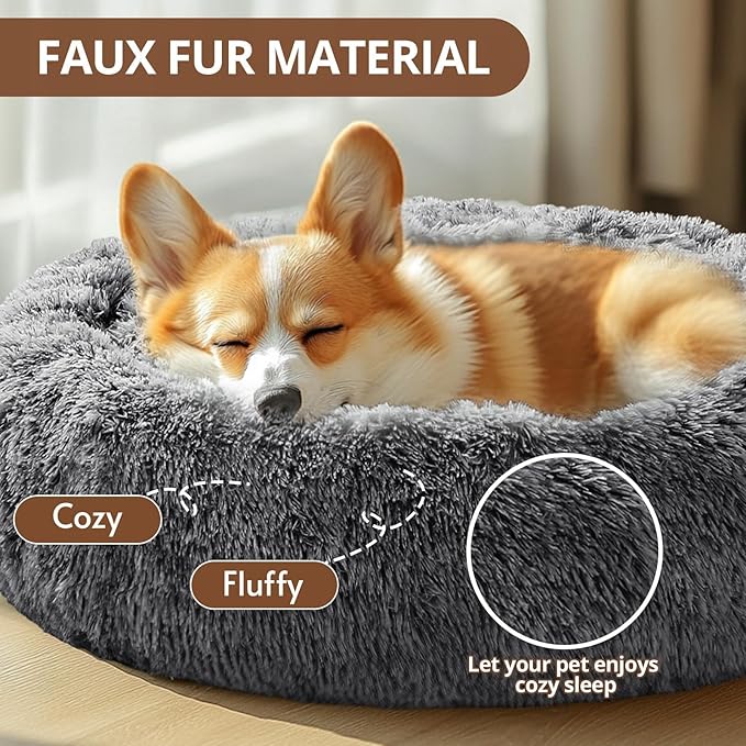 JOLLYVOGUE Large Calming Dog Bed, Anti-Anxiety Donut Cuddler Cat Bed with Anti-Slip Bottom, Fluffy Faux Fur Machine Washable Pet Cushion for Medium Large Dog & Cat, 36"/Smoke Black