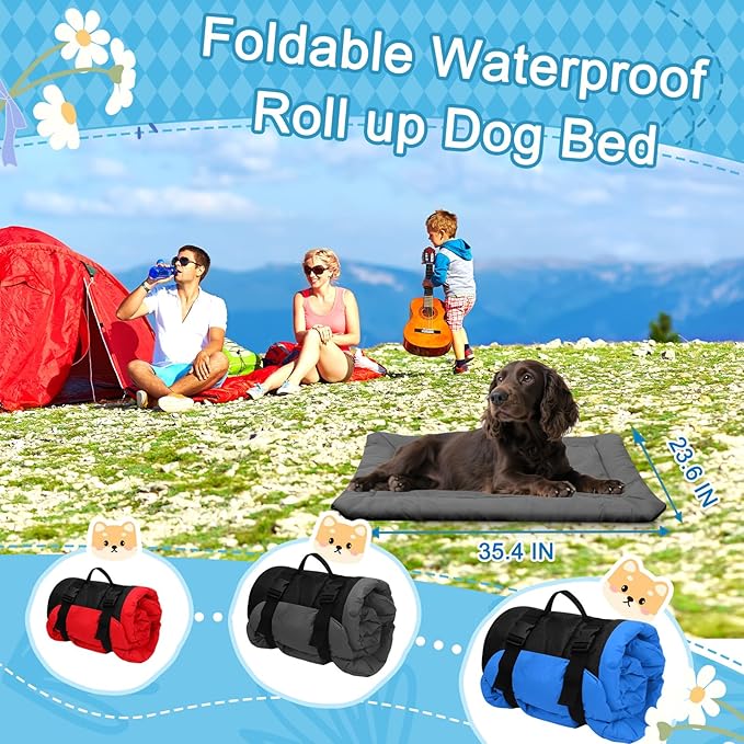 Foldable Waterproof Outdoor Dog Bed - Portable Roll Up Pet Mat for Patio, Crate & Travel, Pet Bed for Small to Medium Dogs, Indoor & Outdoor Use (Grey)