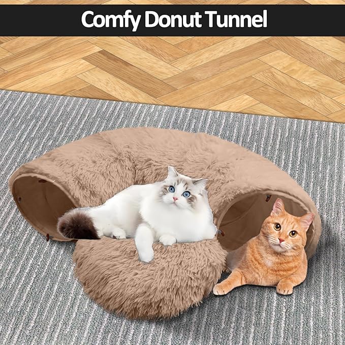 Cat Tunnel Bed for Indoor Cats - Cute Cat Donut Tunnel Toys with Washable Circle Cushion, Round Pet Peekaboo Cave Toy for Kitten/Puppy/Rabbit (Brown)