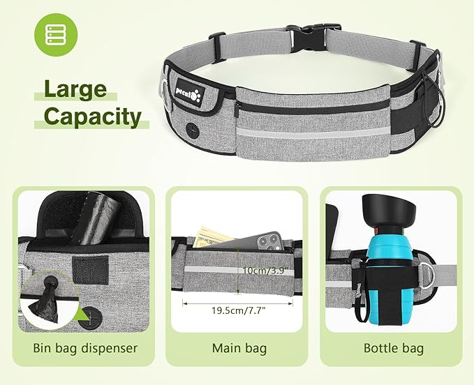 Pecute Hands Free Dog Leash with Pouch, Waist Belt Fanny Pack with Soft Padds, Dual Padded Handles and Durable Bungee for Walking, Hiking, Jogging Biking, and Running (Up to 220lbs)