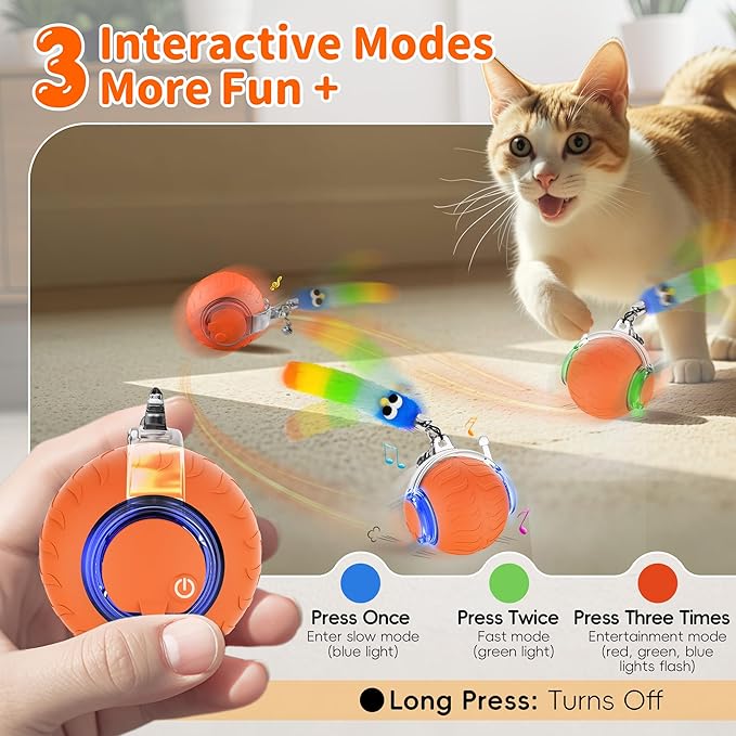 UPSKY Interactive Cat Toy Ball for Indoor Cats, Automatic Moving Electric Rolling Cat Ball Toy, 3-Speed Modes Smart Kitten Toys with Sounds, USB Rechargeable & Sturdy for Bored Kittens/Adult Cats