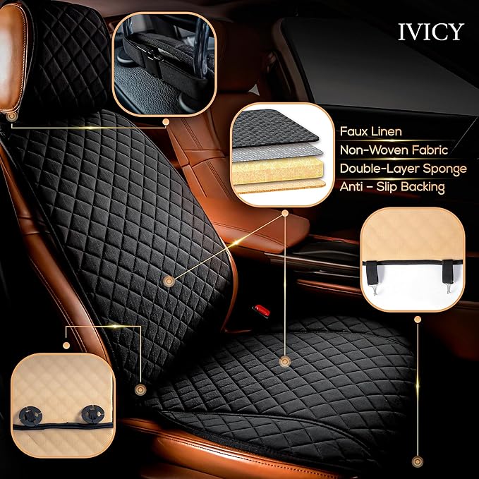 IVICY Faux Linen Car Seat Cover for Cars - Durable & Non-Slip - Front Car Seat Protector Covers for Most Automotive, Vans, SUVs, Trucks - 1 Unit - Black