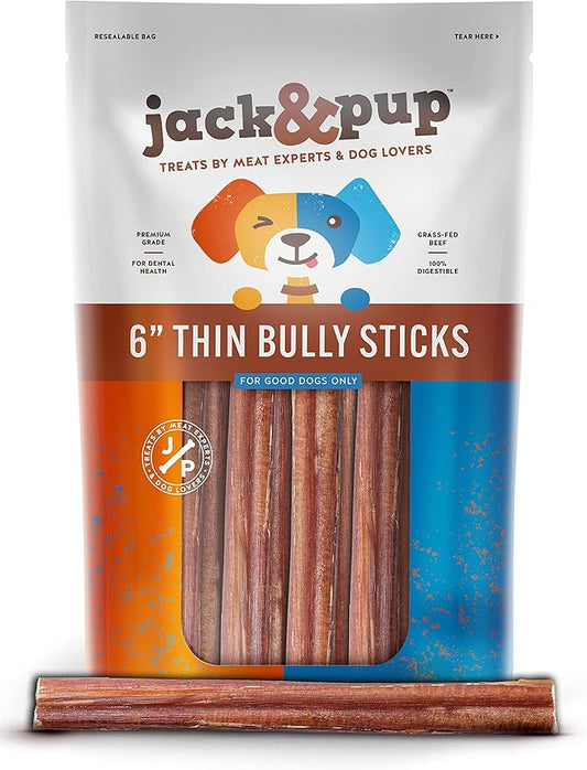 Jack&Pup Thin Bully Sticks for Small Dogs - 6 Inch, Odor Free, 100% Beef Dog Chew (10 Pack) for Puppies, Small Dogs