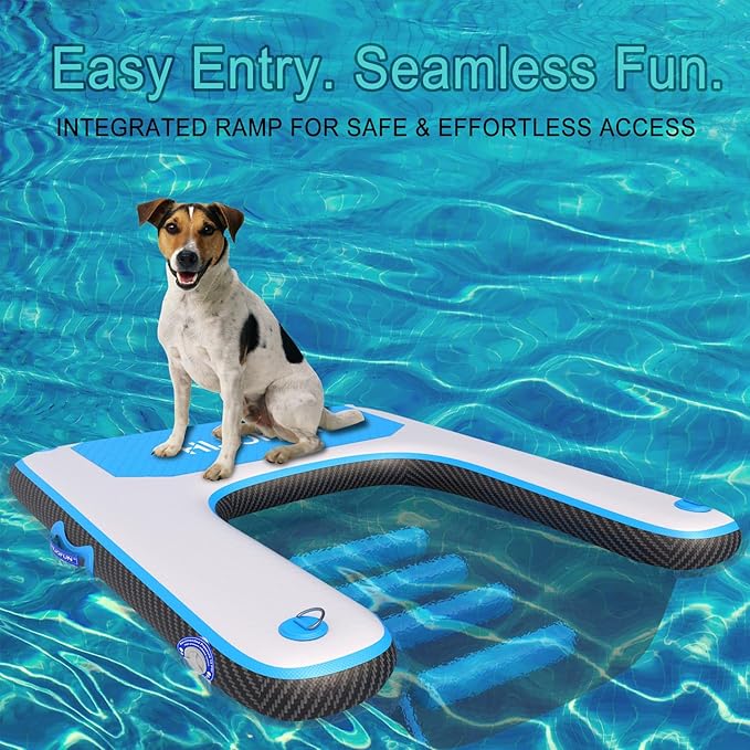 Inflatable Dog Water Ramp with Non-Slip Steps & D-Rings–220 lbs Capacity,55"x39.4"x4", Portable Floating Ladder for Pool, Boat, Lake – Blue
