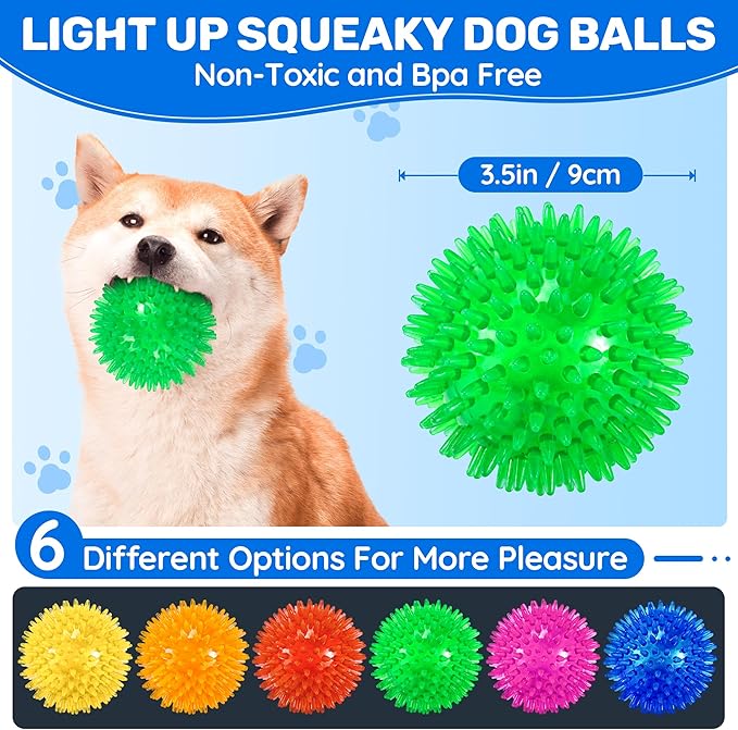 6 Pack 3.5" Light Up Squeaky Dog Toy Balls, Spiky Dog Balls for Small,Medium Large Dogs
